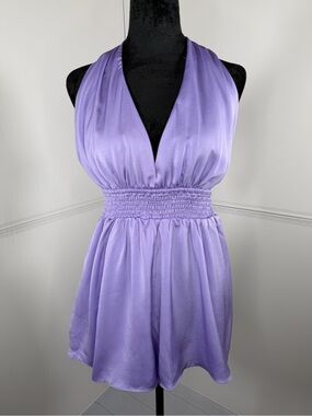 NWT DO+BE Lavender Satin Halter Romper Open Back Smocked Waist Flowy Size Small